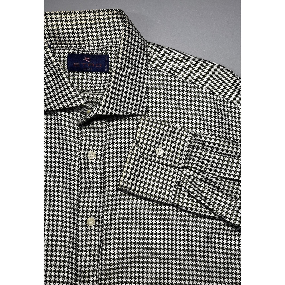Etro Dress Shirt Mens 16.5 Black Houndstooth Button Front Long Sleeve Italy